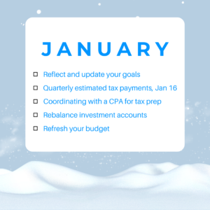 Financial steps for content creators in January: 1. Reflect and update your goals 2. Quarterly estimated tax payments, Jan 16 3. Coordinating with a CPA for tax preparation 4. Rebalance investment accounts 5. Refresh your budget