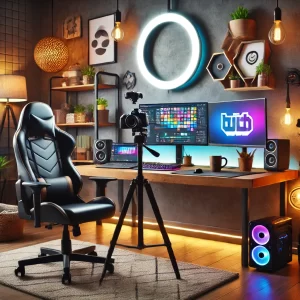 Modern home office setup for a content creator with camera, lighting, dual monitors, and creative decor.