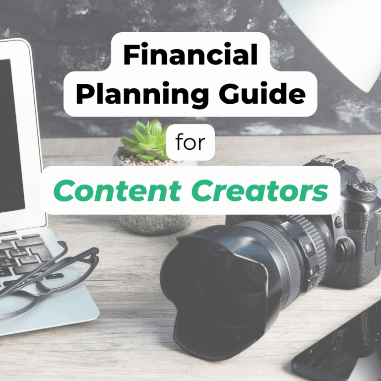 Flat lay of a content creator’s workspace with a DSLR camera, laptop, smartphone, and eyeglasses on a wooden desk. Text overlay reads 'Financial Planning Guide for Content Creators' — highlighting a financial resource tailored to digital creators.